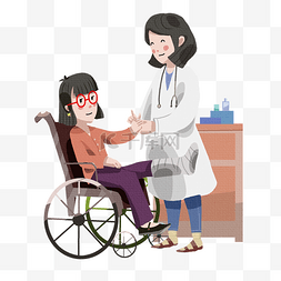 手绘插画眼镜图片_医疗腿上受伤坐轮椅的女生和医生