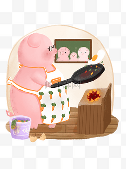动物猪插画图片_生肖动物猪炒蛋做饭卡通可爱儿童