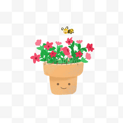 手绘小清新植物盆栽小蜜蜂插画