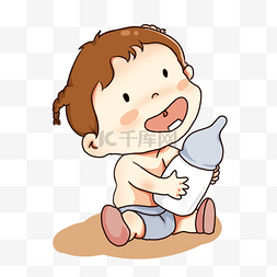 抱着奶瓶图片_手绘卡通喝奶的孩子