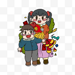 新年小男孩小女孩买年货手绘插画