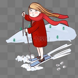 滑雪板插画图片_冬季旅行滑雪的小女孩