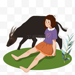 女孩坐在草地上