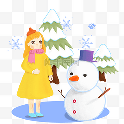 冬季雪天卡通图片_冬季女孩和雪人卡通素材