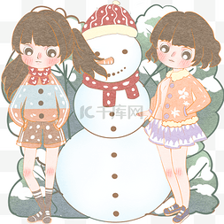 小孩堆雪人白雪人戴帽子手绘插画