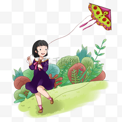 中国风风筝插画图片_清明节放风筝的小女孩插画