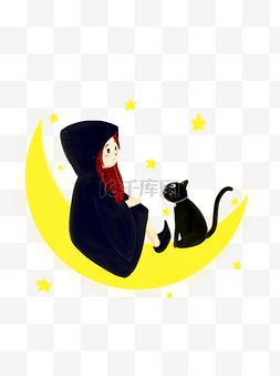 万圣节女巫黑猫月亮帽子