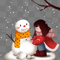 小女孩和雪人图片_大寒人物和雪人插画