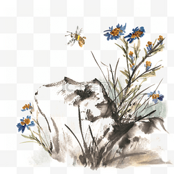 手绘写实蜜蜂图片_岩石蓝花蜜蜂水墨画PNG免抠素材
