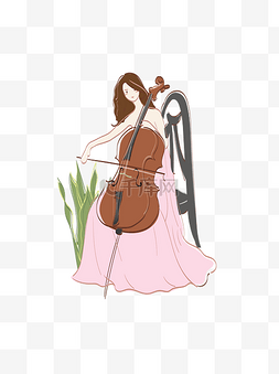 古典手绘海报图片_拉大提琴女孩粉色裙子古典音乐矢