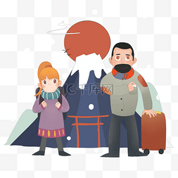 红色的太阳卡通图片_富士山旅游人物插画