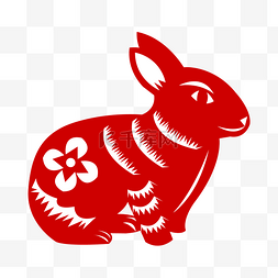 剪纸插画图片_蹲着的兔子红色剪纸