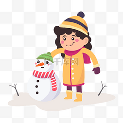 圣诞节冬季下雪天堆雪人女孩插画