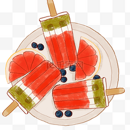 棒冰手绘图片_夏天手绘卡通西瓜冰棒蓝莓西柚