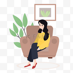 室内的植物图片_卡通风坐在沙发上的女孩