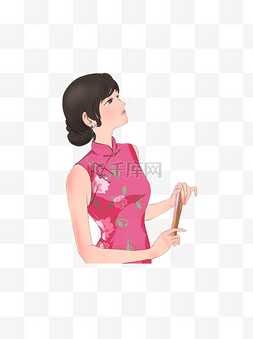 韩版盘发发卡图片_仰望的红色旗袍拿着折扇的盘发女