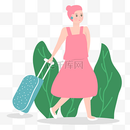 拖着行李旅行图片_卡通插画风拖着行李的女孩