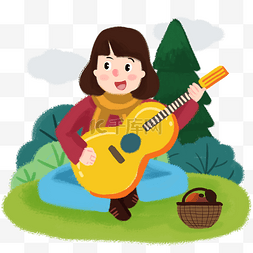 春季游玩歌唱吉他手绘人物PNG素材