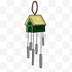绿色屋檐图片_手绘绿色房子风铃插画
