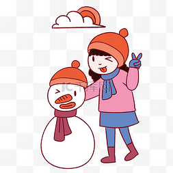 太阳雪人图片_手绘卡通可爱冬季雪人和小女孩