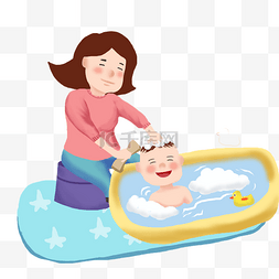 母婴手绘插画图片_手绘母婴洗澡插画