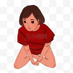 短发女卡通图片_手绘插图创意女孩盘腿坐着PSD源文