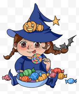 戴帽子的女生图片_卡通万圣节女巫吃糖果插画