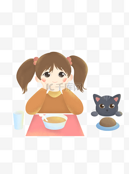 卡通可爱吃早餐的女孩和猫咪可商