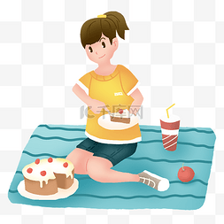 红色的垫子图片_春游吃蛋糕的女孩
