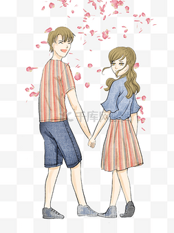 日式文艺小清新图图片_身穿情侣装在花瓣雨中牵手的男孩