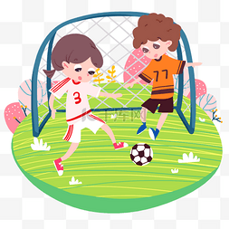 男生卡通健身图片_比赛踢足球草地男孩女孩运动