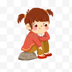 红色衣服的小女孩图片_坐在石头上的可爱小姑娘免抠图