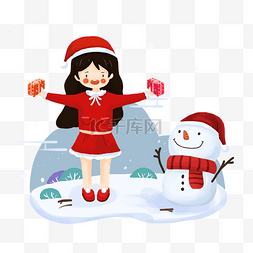 唯美圣诞图片_圣诞红色唯美元素插画圣诞女孩雪