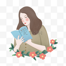 看书的女孩插画图片_手拿书本看书的女生
