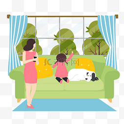 宠物狗室内图片_卡通插画风房间里的母女