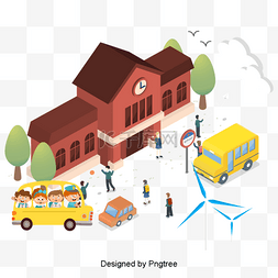 公交站元素图片_漂亮酷卡通可爱的学生上学