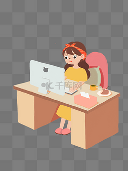 手绘电脑图片_办公室工作的女生手绘插画png格式