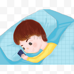 床蓝色图片_熬夜赖床玩手机小男孩卡通手绘