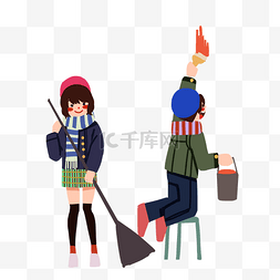 劳动卡通人物插画图片_大寒打扫的小女孩插画