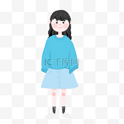 简约手绘穿蓝色衣服的女孩插画海