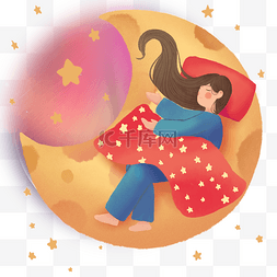 睡着的月亮图片_卡通手绘睡着的长发女孩