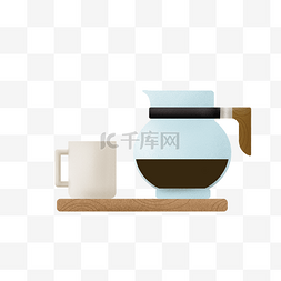 清新透明淡蓝色咖啡壶、米色咖啡