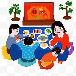 春节习俗海报图片_新年年夜饭团圆春晚手绘卡通人物