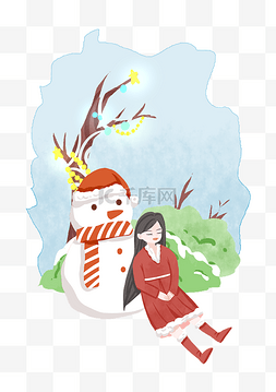 手绘圣诞节女孩雪人插画