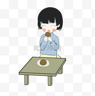 中秋节吃月饼小女孩插画