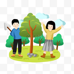 手绘卡通男孩和女孩植树节辛勤植