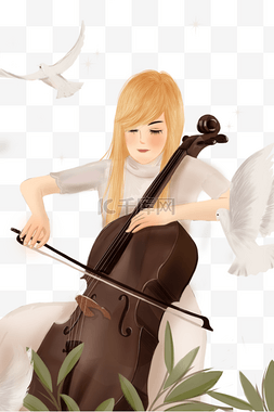 拉大提琴的女孩手绘插画