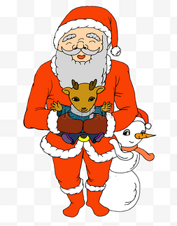 圣诞节红色手绘抱着麋鹿的圣诞老