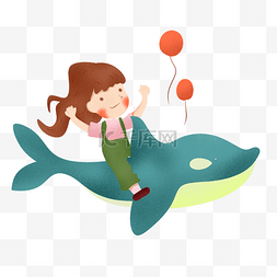 骑着海豚的小女孩追气球插画