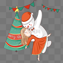 雪人跳舞图片_手绘圣诞舞会插画